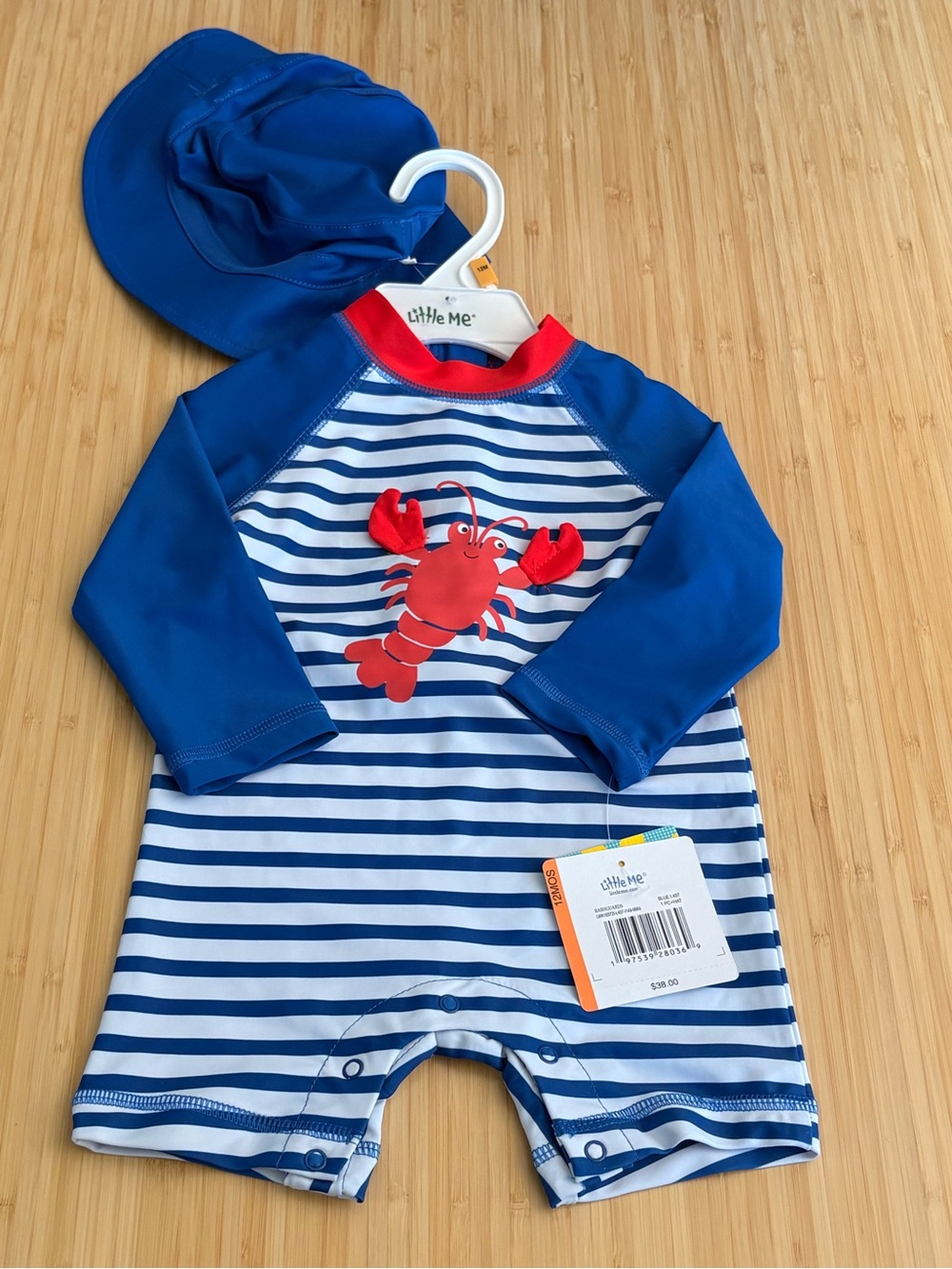 Little Me Navy Blue & White Striped Rash Guard Romper with Hat